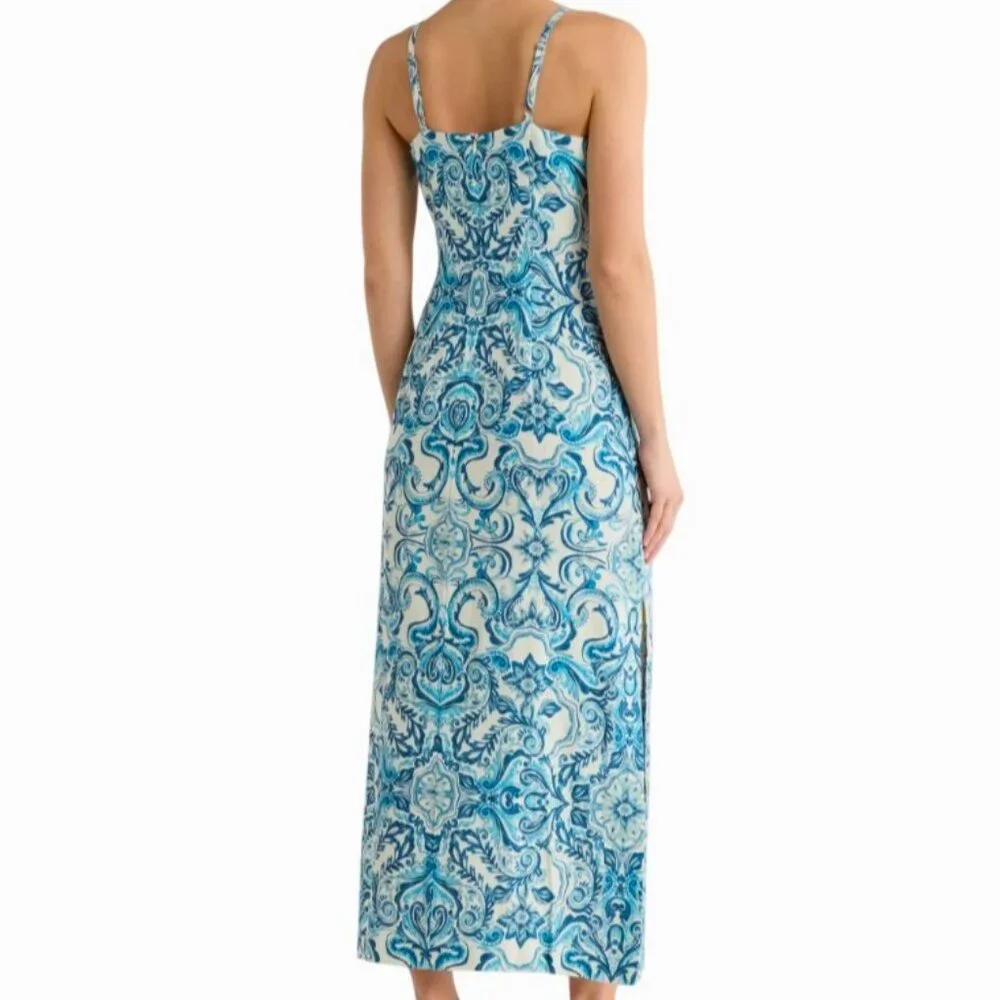 NWT MSK Linen Midi Dress SPELLBOUND BLUE & WHITE FLORAL size L 12-14 Sundress - Picture 8 of 12
